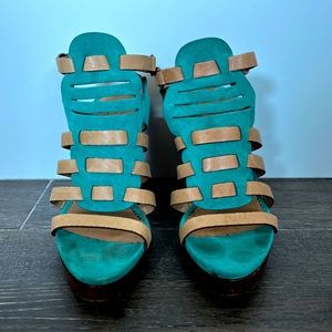 Rag & Bone Teal suede strappy sandal heels.